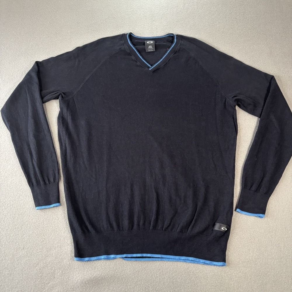 Oakley Linksman V-Neck Sweater Mens XL Black W/ Blue‎ Band Pullover Tailored Fit